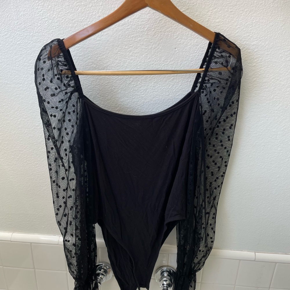 Amazon Black Bodysuit with Sheer Polka Dot Sleeves